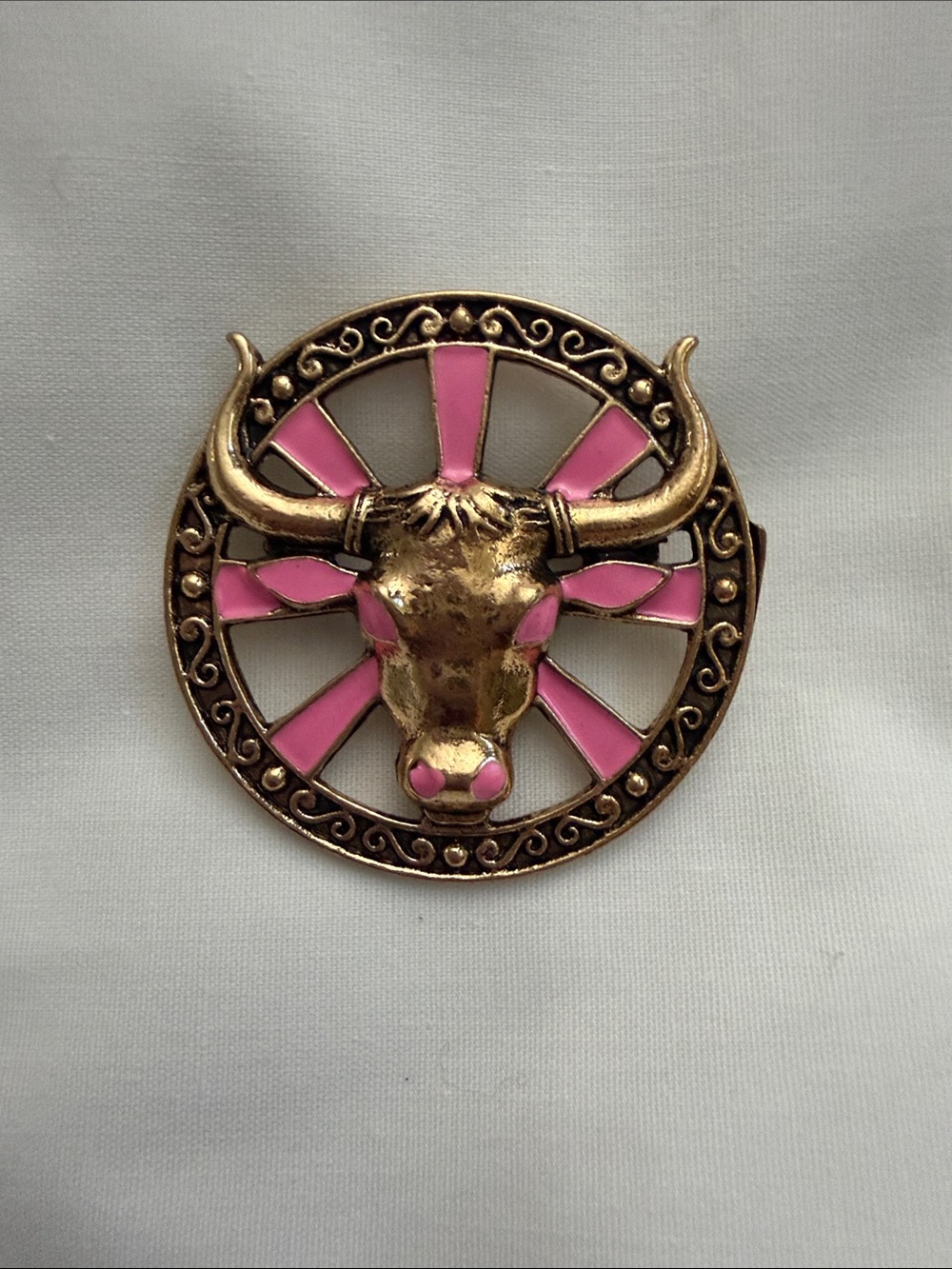 Gold-Tone Bull Head Brooch with Pink Enamel Accents